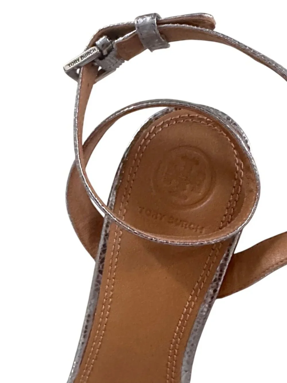 Tory Burch - Elana Silver Leather Kitten Heel Sandals - Size 8 - NWT